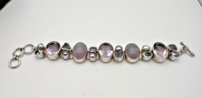 Starborn heavy 925 Sterling bracelet with aquamarines, amethysts, pearls, etc.