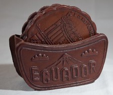 Set of 4 Vintage Tooled Leather Scalloped Edge Coasters in Holder Labled Ecuador
