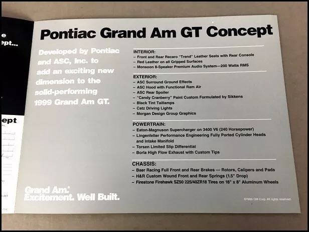 1999 PONTIAC GRAND PRIX GP SPEC SHEET / Brochure / Pamphlet 