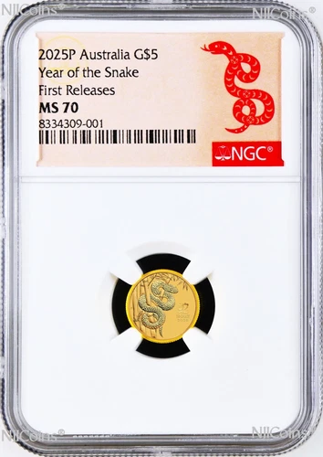 2025 Australia Bullion GOLD $5 Lunar Year of the Snake NGC MS70 1/20oz Coin FR
