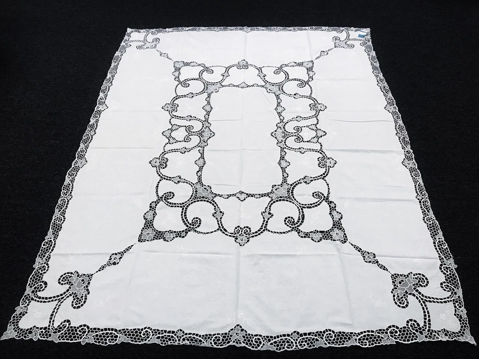 White 72x90" Cotton Linen Handmade Embroidered Lace Rectangle Tablecloth Napkins - Image 2 of 4
