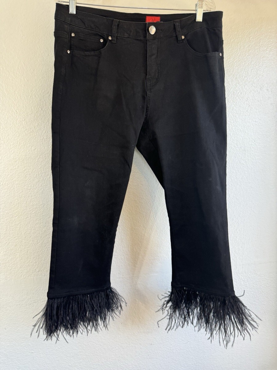 V Cristina Jeans Women 12 Black Denim Feathered Fringe Cuff