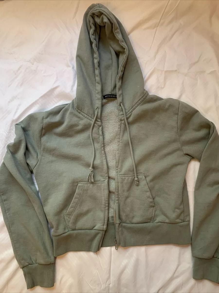 Brandy Melville Womens Sweatshirt Jacket Cropped Hooded Top Green