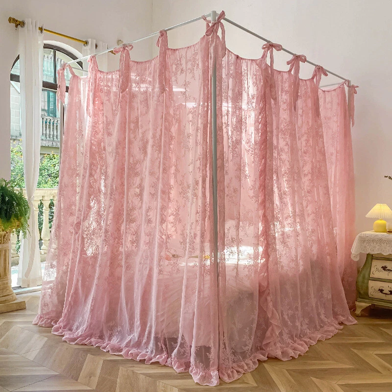 Romantique Dentelle Carré Moustiquaire Trois Porte Rail Pris Literie Filet Rose - Photo 3/4