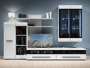 White Gloss Modern Living Room Furniture Set Led Wall Unit Tv