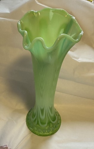 Northwood Jewel & Drapery Green Opalescent Glass Vase 10.50”