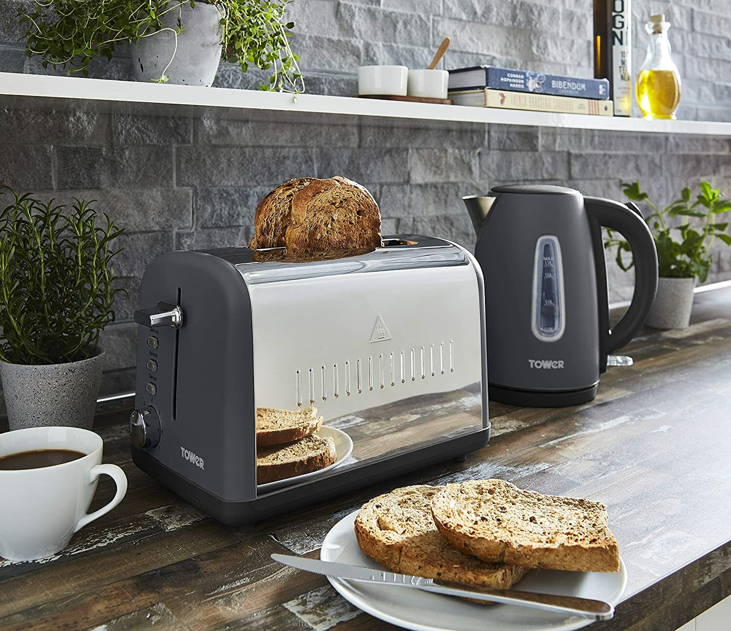 Grey Matching Set Tower Digital Microwave with Electric Jug Kettle and