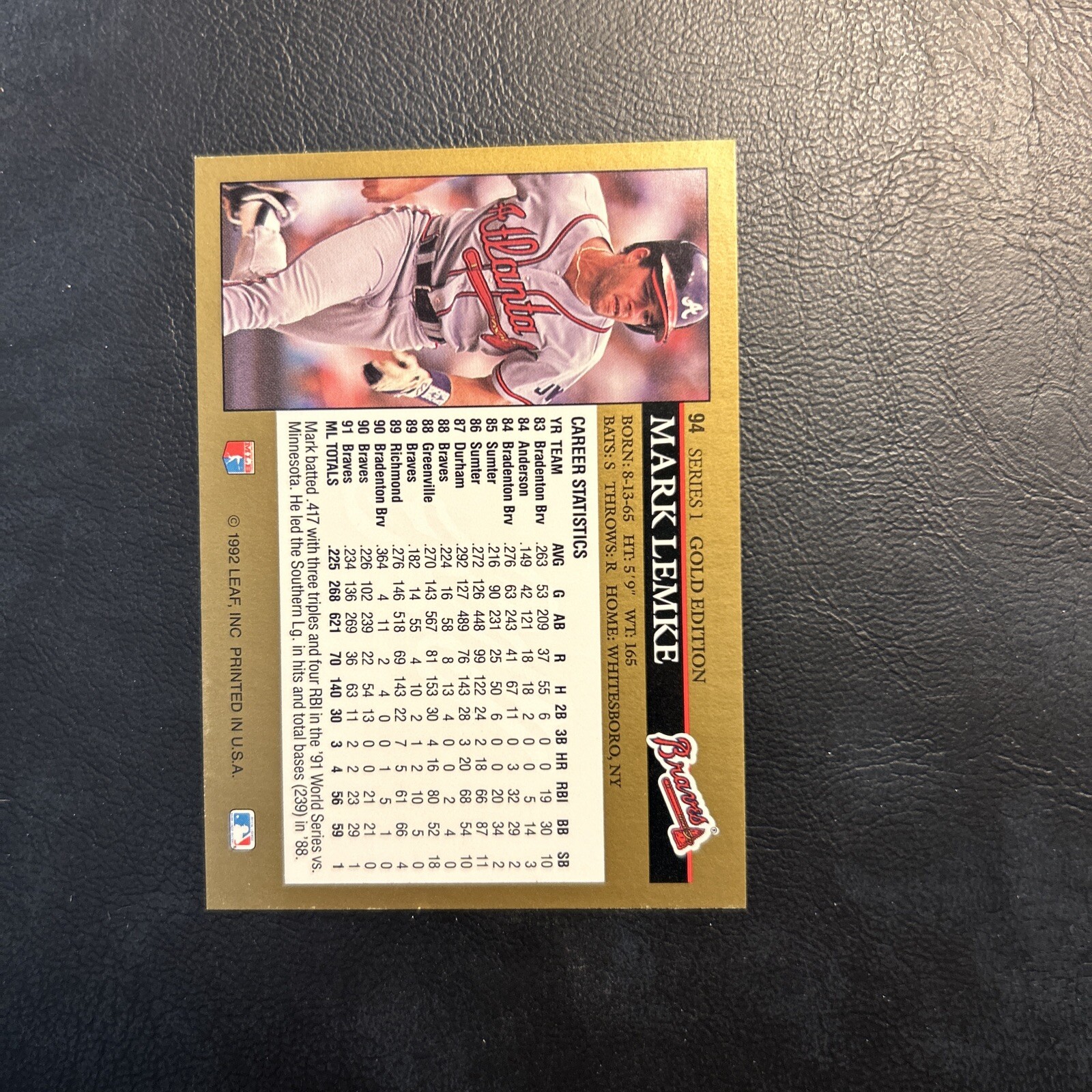 C55c 1992 Leaf Black Gold Edition #123 Mark Lemke, Atlanta Braves