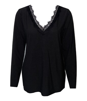 Women's lace V-neck top top T-shirt long sleeve shirt blouse black ribbed D1