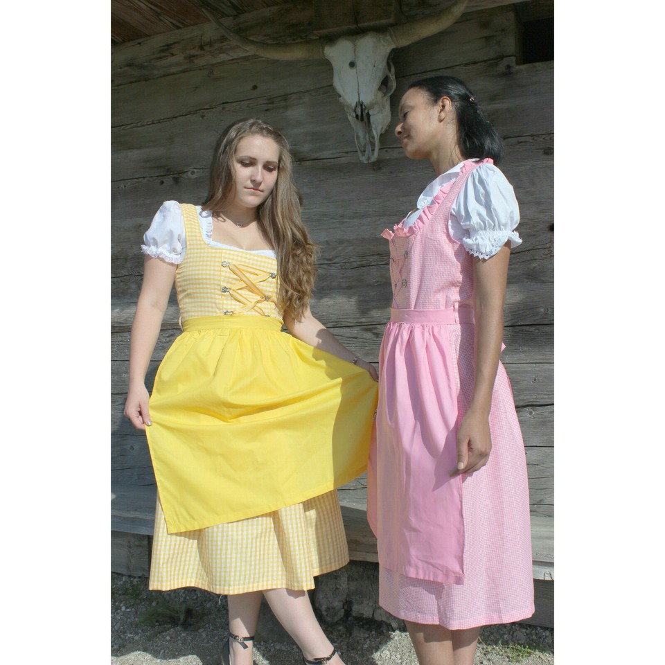 Dirndl Damen Midi Set - Oktoberfest Kleid Mit Schürze & Bluse In Fernblau