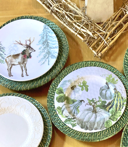 12 GREEN WICKER BAMBOO CHARGERS: NATURAL, STURDY; EVERY DAY, ANY SEASON; EC - Picture 2 of 17