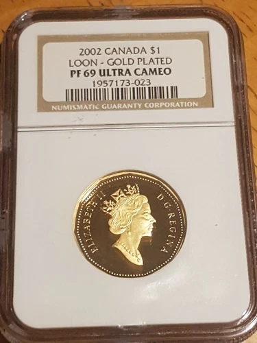 ➡➡2002 Canada NGC 69PL Ultra Cameo Collector's 1987-2002 GOLD plated Loonie