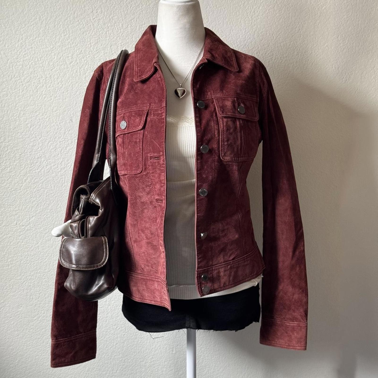 ੈ✩‧₊˚y2k calvin klein burgundy red real leather suede button up jacket