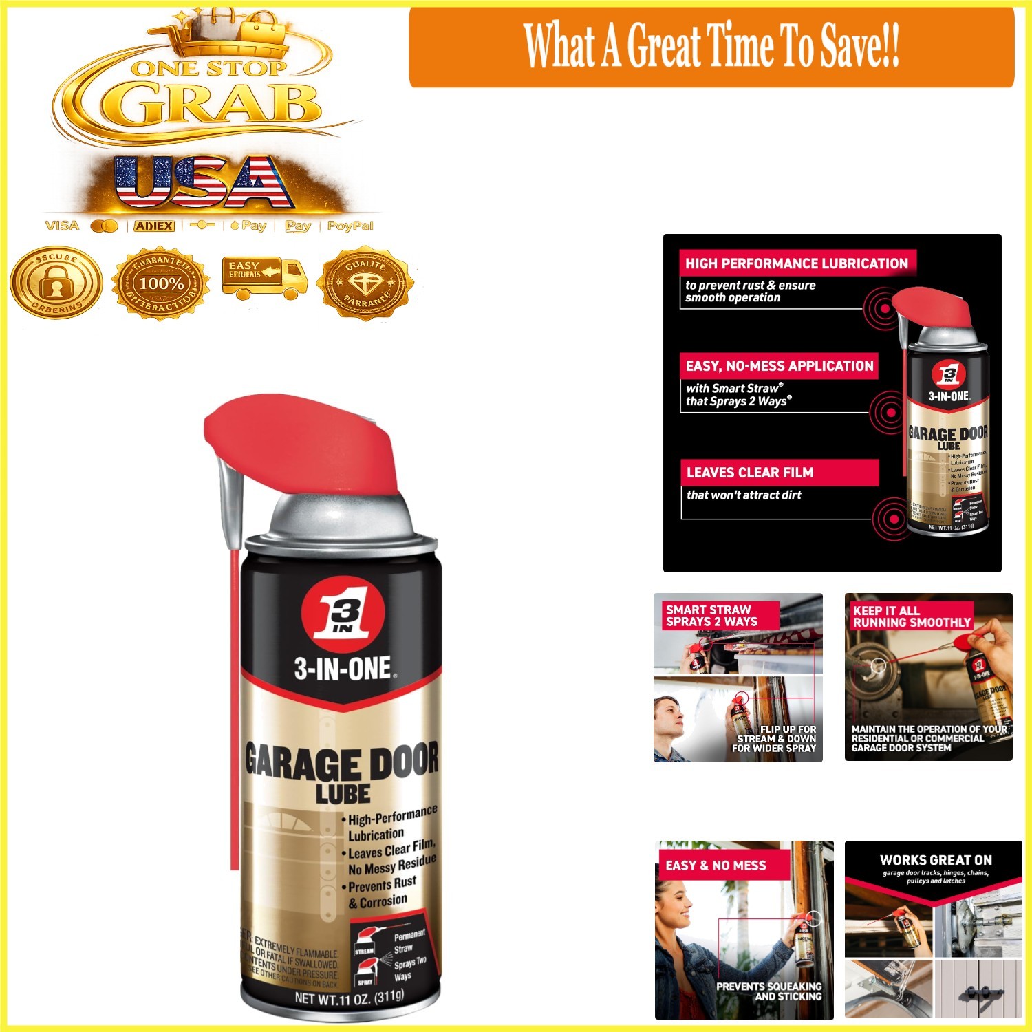 Garage Door Lubricant with Smart Straw Sprays 2 Ways 11 Oz