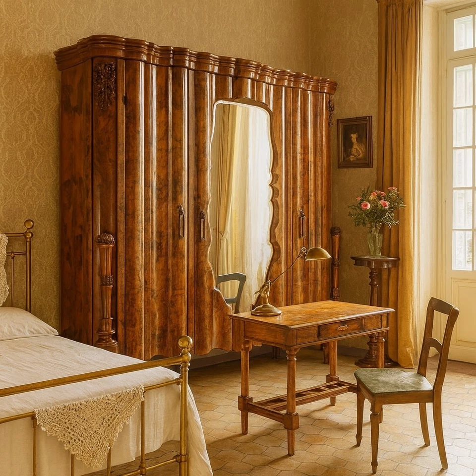 Armario Antiguo Art Deco Nogal Nogal Burl 3 Puertas Siglo XIX Original Foto 2 de 4