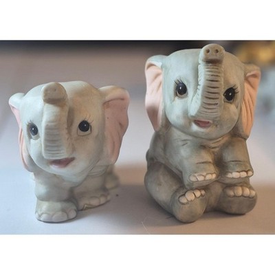 Homco Vintage Baby Elephant Figurine Set Gray Pink Bisque Porcelain Trunk Up 2pc