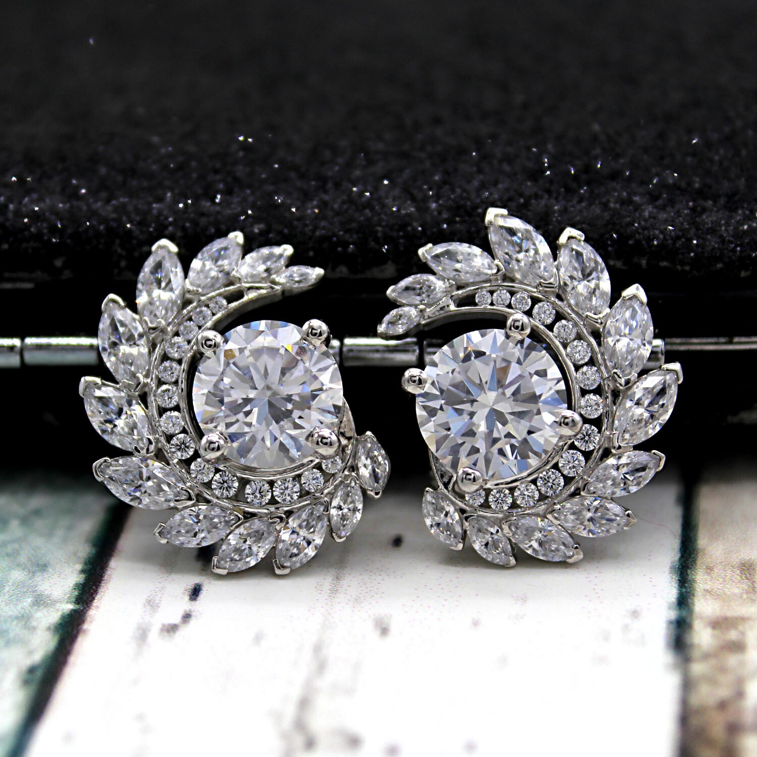 Round Marquise MOISSANITE Art Deco Exquisite Stud Earrings 9kt Solid White Gold