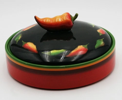 Clay Art Tortilla Warmer Jalapeno Pattern With Lid Hand Painted StoneLite 10" In