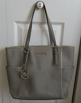 Michael Kors Jet Set Large Saffiano Leather Tote Purse Pearl Grey