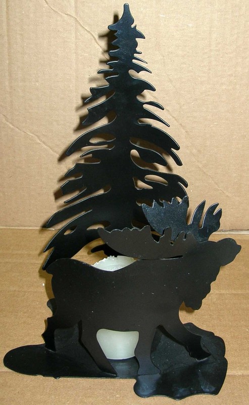 Metal Art, Moose in Pine Tree, Candle Holder 13" Tall