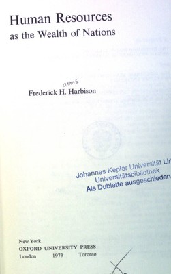 Human Resources as the Wealth of Nations. Economic Development Series Harbison, 