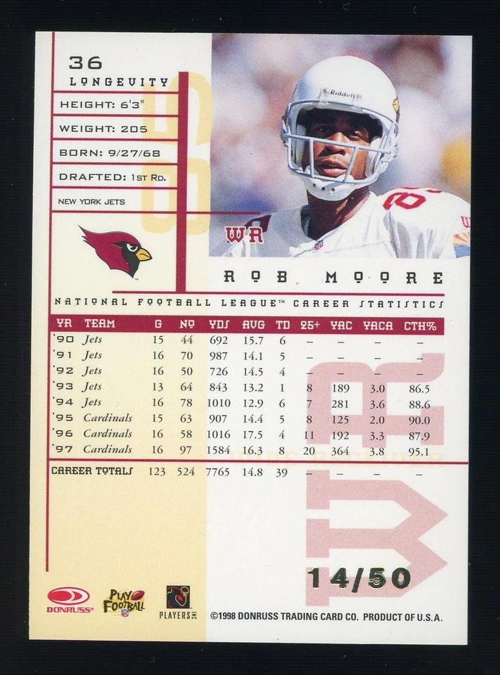 1998 Donruss Leaf R & S Longevity #36 Rob Moore Cardinals 14/50 - Image 2 of 2