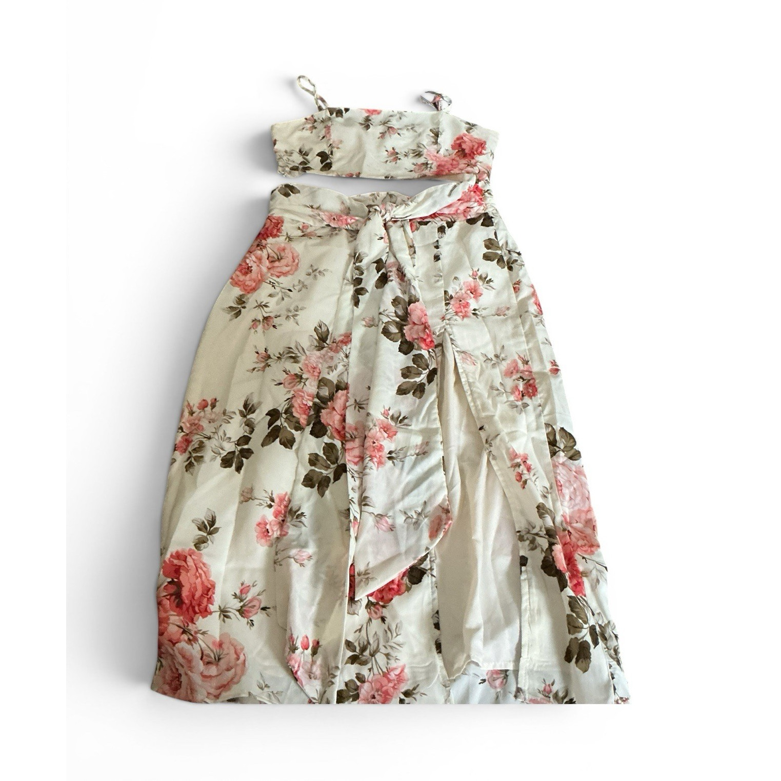 SHEIN Women's Floral Top & Skirt Set, White Pink Green, Size L