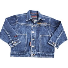 FUBU Jacket Kids 6 Blue Denim Jean Trucker Button Front Logo Back Print Casual