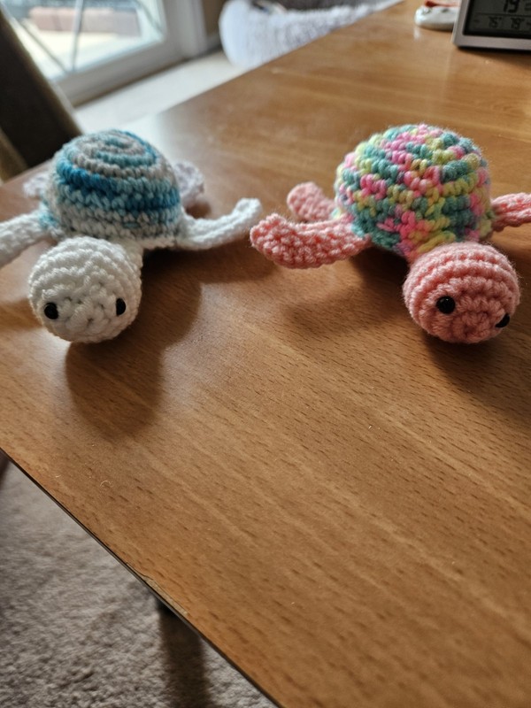 Handmade Crochet Turtles Set of 2 Blue and Pink Yarn