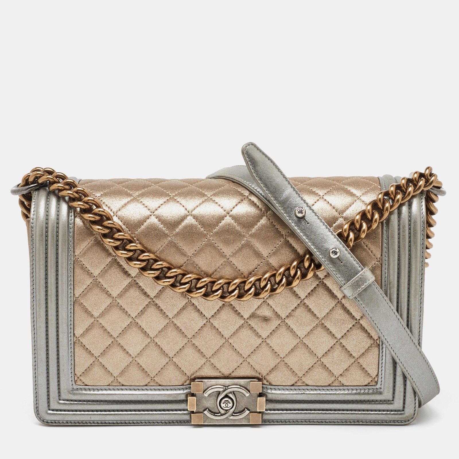 Chanel Gold/Silver Quilted Leather New Medium Boy Flap Bag