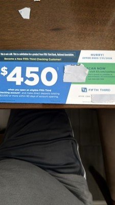 Fifth Third Bank $450 Bonus for $2K Deposit Expire 07/31/2026