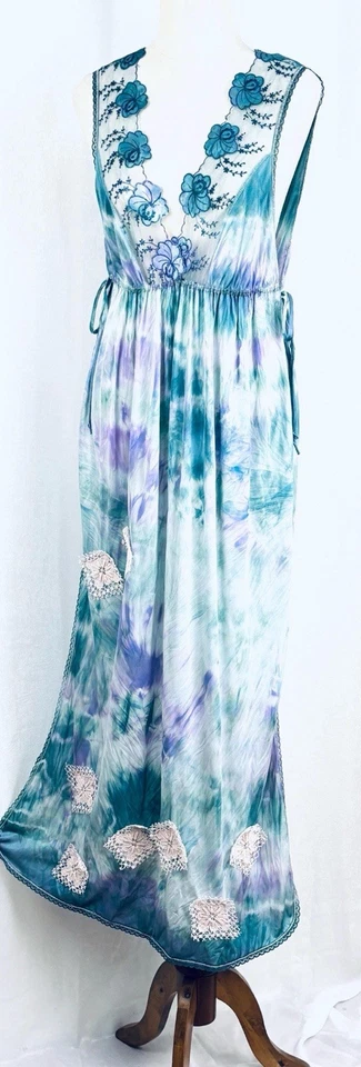 Fairycore Floral Crochet Tie Dye Maxi Slip Dress Size 16 Beach Bridal Peignoir