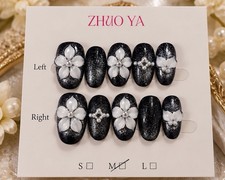 Black Glitter Press On Nails 3D White Floral Pearl Design Elegant 10PCS