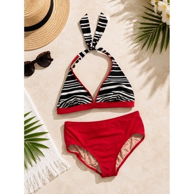 Lands' End Red Halter Tankini Swimsuit Women's Size 16 Nautical Stripe 2PC