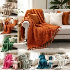 HST Chunky Knit Basket Weave Throw Blanket Boho Farmhouse Tassels Couch Sofa Bed