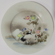 2 Meiji Japanese Kutani Ware Porcelain Plates | 7 3/8 inch | Signed | Cranes |