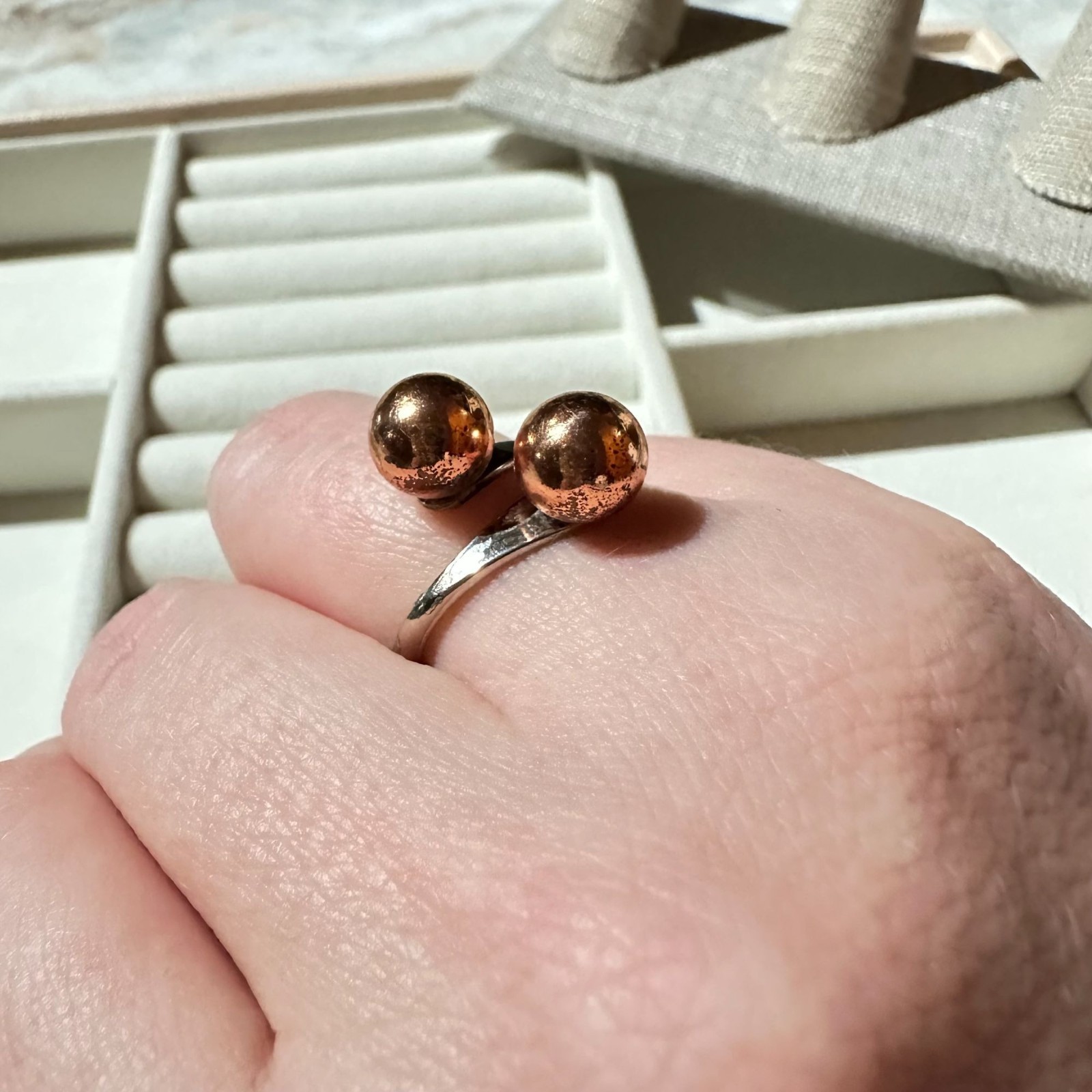 Vintage Silver-Filled Ring Size 6 3/4 Bi-pass Design Dual Copper-Toned Spheres