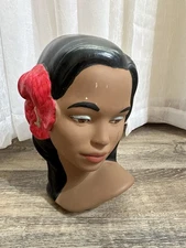 Hawaiian Lady Head Bust Figure Polynesian Hibiscus Flower Vintage Hand Painted