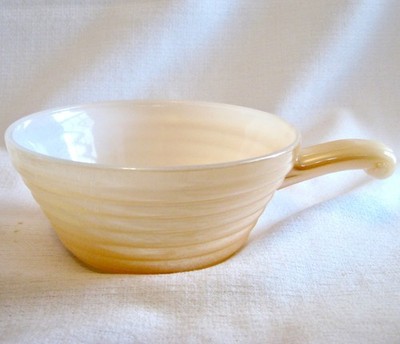 FIRE KING Peach Luster Beehive Oven Ware 5'' Soup Bowl w Handle USA Vintage