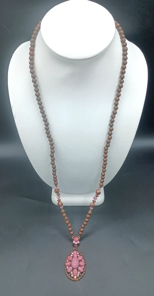 Collar Vintage 1928 Estrás Cristal Rosa Cabujón Flor Tono Bronce Cuentas Foto 4 de 4