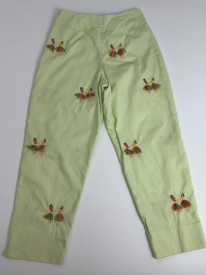 CJ Laing Womens Side Zip High Rise Hula Girl Embroidered Pants Green Sz 2 Hawaii - Image 2 of 4