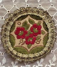 Doll House Rug / Doily 4.5” Brocade Art Linen Round w Gimp Trim Belgium
