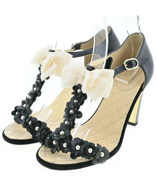 CHANEL Ribbon Flower Sandals 37 Black X White Authentic CHANEL Ribbon Flower Sandals 37 Black X White Authentic