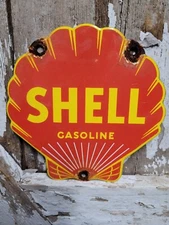VINTAGE SHELL GASOLINE PORCELAIN SIGN 6" DIECUT GAS STATION PLAQUE OIL SERVICE