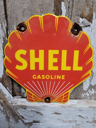 VINTAGE SHELL GASOLINE PORCELAIN SIGN 6" DIECUT GAS STATION PLAQUE OIL SERVICE