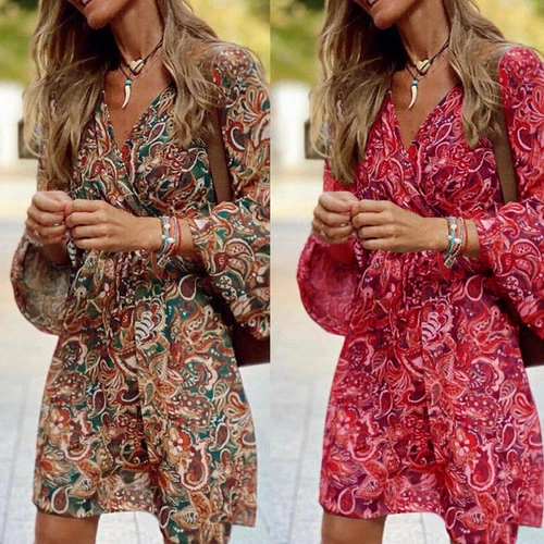 Mujeres Boho Cuello en V Floral Maxi Vestido Damas Verano Playa Solero Vestido Asiático talla - Imagen 4 de 14