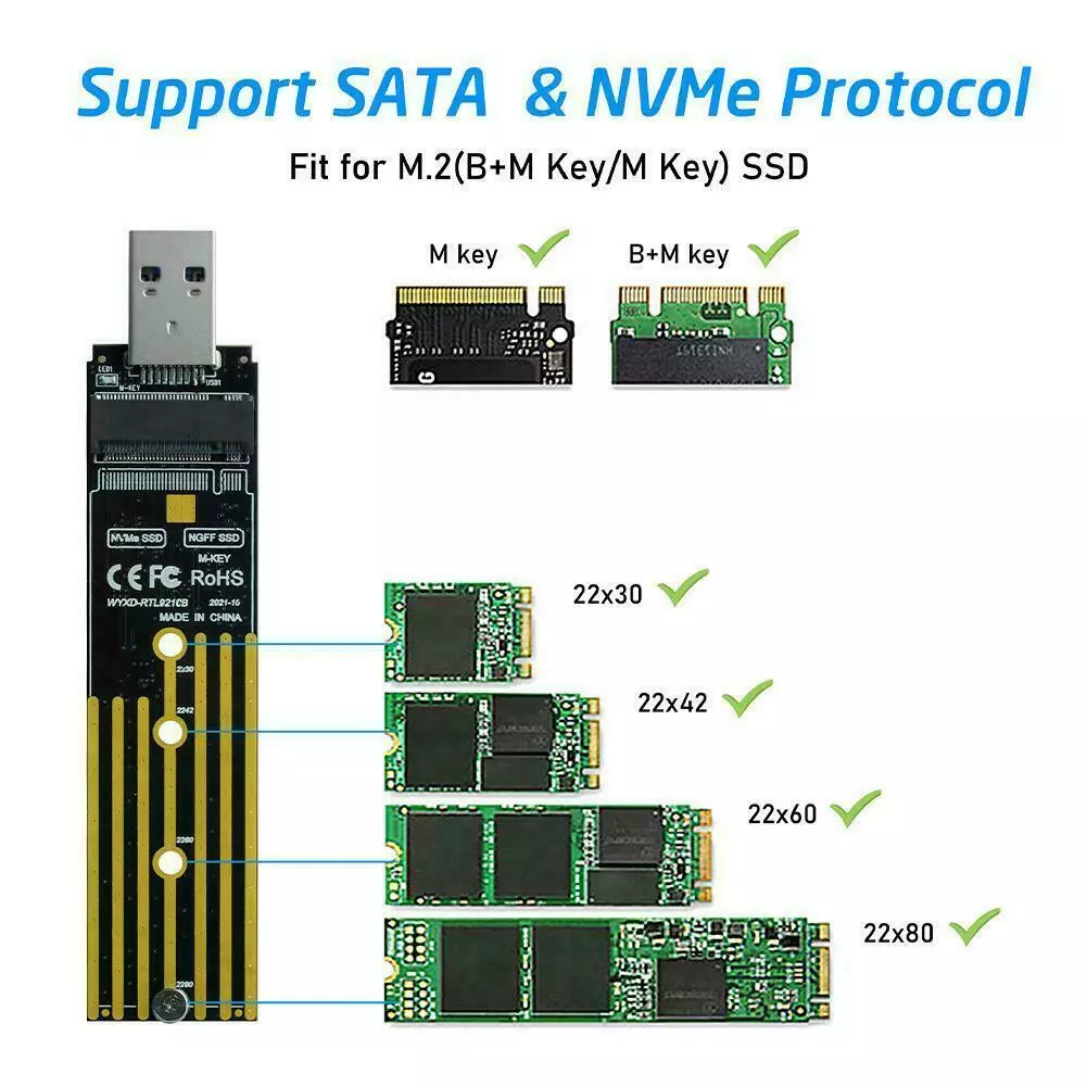 Adaptateur NVMe vers USB M.2 SSD vers USB 3.1 Type A Card Key Based PCIe  Hard S3