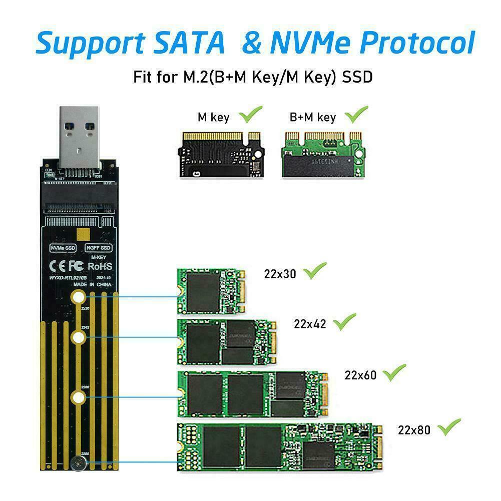 NVMe to USB Adapter, M.2 SSD to USB 3.1 Type A Card, Key Based PCIe Hard New |