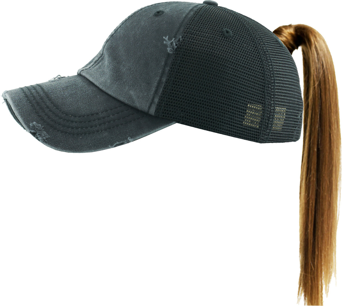 Washed Grey Distressed Denim Ponytail Baseball Cap Messy Bun Trucker Hat Ponytails For Black Women Womens Baseball Cap Distressed  main image 3