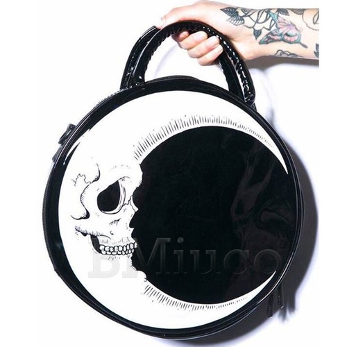 Womens Punk Satchel Vegan Gothic Crescent Moon Skull Black Round Handbag - Picture 6 of 7
